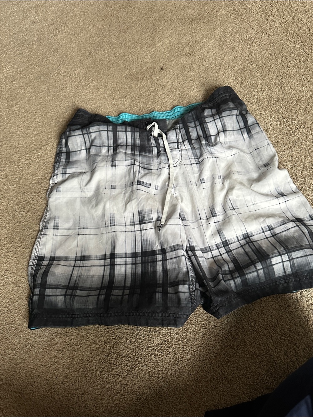 Speedo Black and White Plaid Gradient Swim Trunks with Teal Liner